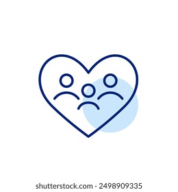 Family of three. Two parents and child in heart shape. Family love, care and charity. Pixel perfect, editable stroke icon