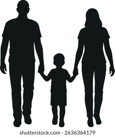 Family of Three Walking Together Holding Hands Silhouette Vector