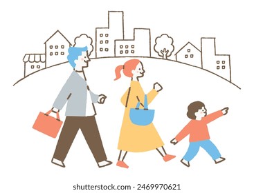 Family of three walking with townscape in background_Color