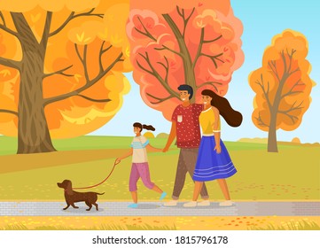 Family of three walks in fall park with dog. Mom in blue skirt, girl holds leash, dad hugs wife. Yellow autumn landscape, scenic area. City part, picturesque area. Spend time with family. Flat image