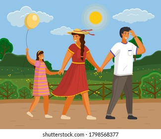Family of three walks in park along road, bright sun. Mom in hat, girl with yellow balloon, dad covers eyes from the sun. Green landscape, picturesque area. Spend time with family, day off. Flat image