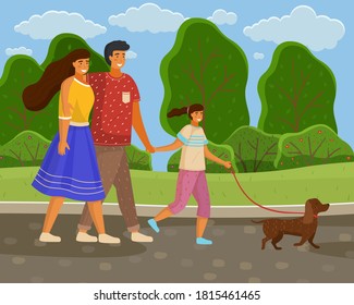 Family of three walks in park with dog, bright sun. Mom in blue skirt, girl holds leash, dad hugs wife. Green landscape, scenic area. Green summer picturesque area. Spend time with family outdoor