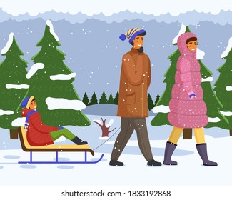 Family of three walks in winter forest. Mom in pink coat, girl rides sledges, dad rides daughter on sled. Snowy landscape, scenic area. White landscape, picturesque area. Spend time with family