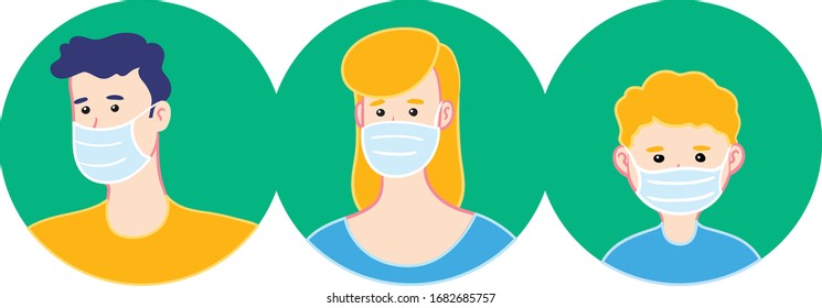 Family of three wearing medical mask for protection. Vector illustration.