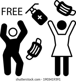 family throwing medical masks and sanitizer and celebrating victory over coronavirus pandemic quarantine Concept Vector Glyph Icon Design, Coronavirus Pandemic Defeat Symbol on White Background,