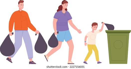 Family throwing trash together. House cleaning. Household work isolated on white background