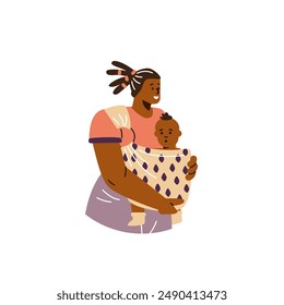 Family ties. A vector icon showing a mother hugging a child in a fabric sling. Includes illustrations of a mother and a newborn on a white background.