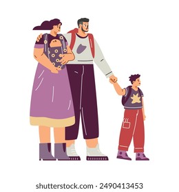 Family ties. Vector illustration of a loving family: a mother hugs a child in a sling, next to a father and a young son isolated on a white background.