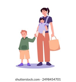 Family ties. Vector illustration of a mother with a sleeping daughter in a sling holding her son's hand. Perfect for a maternity-themed design