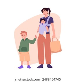 Family ties. Vector illustration of a mother with a sleeping daughter in a sling holding her son's hand. Perfect for a happy family themed design