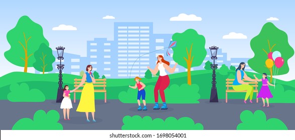 Family time, active mother and daughter vector illustration. Cartoon flat woman parent character with child have fun together, play game or sport activity in park. Happy love motherhood background