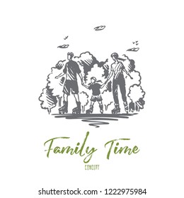 Family time, active, roller, together concept. Hand drawn mother, father and child skating on rollers concept sketch. Isolated vector illustration.