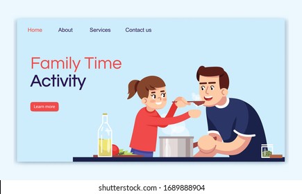 Family time activity landing page vector template. Cooking together website interface idea with flat illustrations. Leisure with kids homepage layout. Homemade food cartoon web banner, webpage