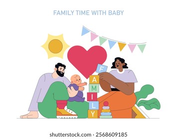 Family Time With Baby concept. Parents play with their child, spelling out 'family' with blocks. Affection, learning, and bonding moments. Vector illustration.