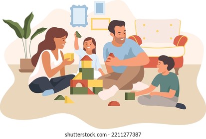 Family time concept vector illustration. Parents and children spend time together playing games