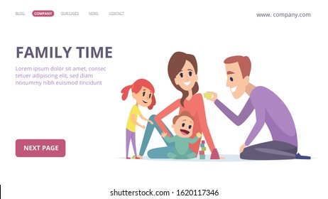 Family time. Cute cartoon parents and children. Happy girl, baby, mother and father. Parenthood vector landing page