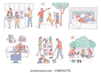 Family time and daily routine set of parents with kids. Family leisure and entertainment activities, sketch cartoon vector illustration isolated on white background.