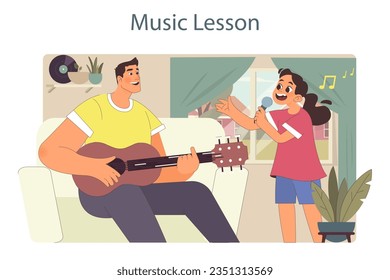 Family time. Father playing guitar and singing with his daughter. Home music education, lesson or performance. Family routine and daily life. Character spending time together. Flat vector illustration