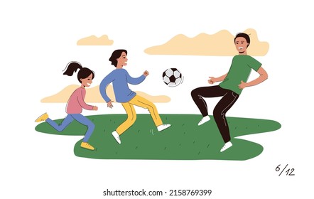 Family time. The father plays football with the children. Time with my father. A set of vector illustrations of the family for a calendar.