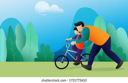 Family Time Father and Son Cycling in the Park