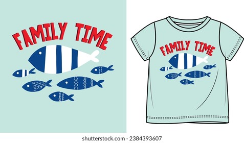 Ilustración de peces de época familiar con diseño de camisetas, dibujado por la mano.