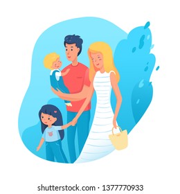 Family time flat illustration. Parents and kids leisure activities, pastime. Fatherhood, motherhood. Young mother, father with daughter and son walking, playing in park. Dad carrying toddler