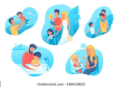 Family time flat illustrations set. Parents and kids leisure activities, pastime. Fatherhood, motherhood scrapbook cliparts. Mother, father with daughter walking in park. Dad helping son with homework