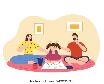 Family time, girls enjoy drawing with mom and dad talking. Character design. Vector flat illustration
