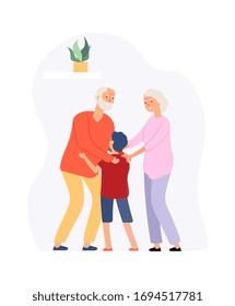 Family time. Grandparents and grandson. Happy elderly couple hug boy. Old people meeting young guy vector illustration