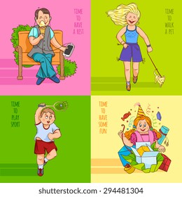 Family time having fun playing with children 4 flat icons square composition banner abstract isolated vector illustration