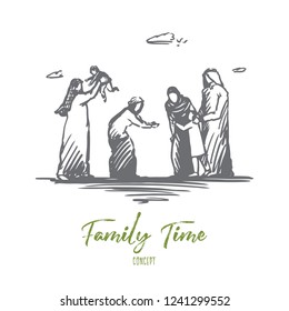Family, family time, holiday, Arab concept. Hand drawn big muslim family, old and young generations concept sketch. Isolated vector illustration.