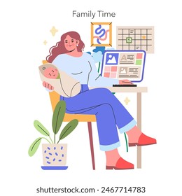 Family Time illustration Multitasking parent combines work with childcare, portraying the integration of professional and family life at a home office Vector illustration