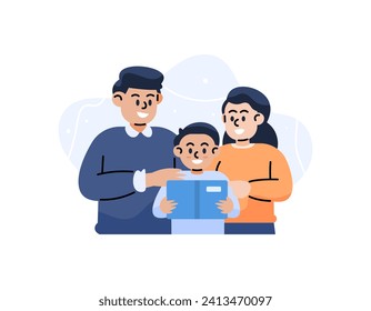 Family time. Illustration of parents accompanying their children to read books. Father and mother watched his son who was studying. husband, wife, and son. flat illustration design. graphic elements