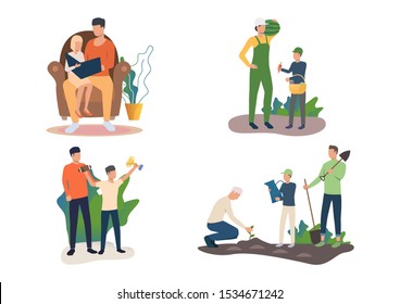 Family time illustration set. Man and child reading book, gathering harvest, gardening, winning rugby cup. Lifestyle concept. Vector illustration for landing pages, presentation slide templates