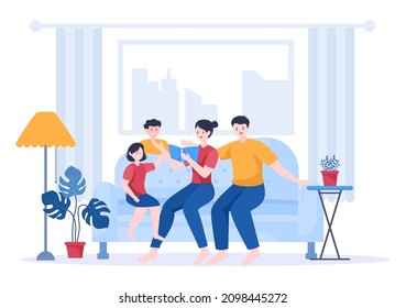 Family Time of Joyful Parents and Children Spending Time Together at Home Doing Various Relaxing Activities in Cartoon Flat Illustration for Poster or Background