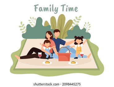 Family Time of Joyful Parents and Children Spending Time Together at Park Doing Various Relaxing Activities in Cartoon Flat Illustration for Poster or Background