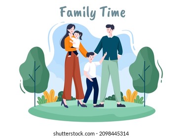 Family Time of Joyful Parents and Children Spending Time Together at Park Doing Various Relaxing Activities in Cartoon Flat Illustration for Poster or Background