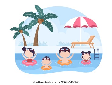 Family Time of Joyful Parents and Children Spending Time Together at Beach Doing Various Relaxing Activities in Cartoon Flat Illustration for Poster or Background