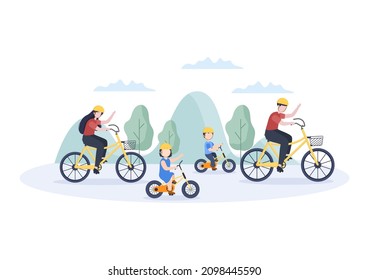 Family Time of Joyful Parents and Children Spending Time Together at Park Doing Various Relaxing Activities in Cartoon Flat Illustration for Poster or Background