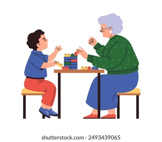 Family time with Lego. Detailed vector illustration of a child and grandmother building Lego, reflecting home leisure and educational games. Flat style on isolated background.