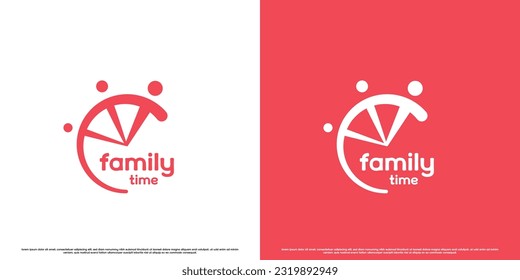 Family time logo design illustration. Simple flat people clock silhouette family father mother son circle clock time. Happy family logo design together, comfort, peace, joy, excitement, joy child.