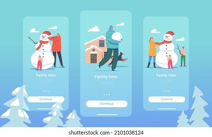 Family Time Mobile App Page Onboard Screen Template. Happy Parents and Kids Making Funny Snowman on Snowy Landscape at Cottage Yard. Outdoor Winter Activity Concept. Cartoon People Vector Illustration