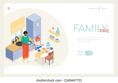 Family time - modern flat design style illustration. High quality colorful images of kitchen where a couple of young people are going to have breakfast. Ready meal, set dinner table, happy together