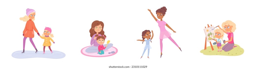 El tiempo familiar de la madre y la hija establece la ilustración vectorial. Caricatura niña feliz y madre bailando ballet, pintando fotos y patinando hielo juntos en pista de invierno, mujer peinando el pelo de la gente niña