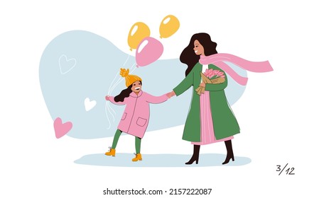 Family time. Family time, mother and daughter walking together. March 8 - happy womens day. A set of vector illustrations of the family for a calendar.