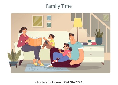 Family time. Mother, father and kids communication. Evening routine and daily life. Character spending time together, reading a book in the living room. Flat vector illustration