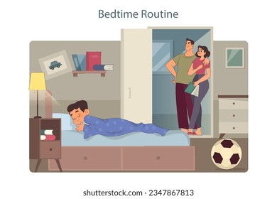 Familienzeit. Mutter und Vater legten ihren Sohn schlafen. Bed time Routine und Erzählung. Kleiner Junge, der in seinem Schlafzimmer schläft. Elternschaft und Liebe. Flache Vektorgrafik