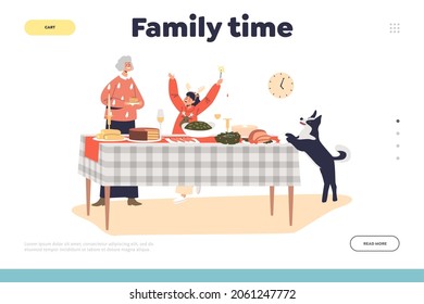 Family time on christmas concept of landing page with grandmother and kid girl serving table for holiday dinner on christmas eve. New year and winter holidays. Cartoon flat vector illustration