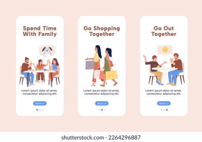 Family time onboarding mobile app screen flat template. Walkthrough website 3 steps with characters. Editable teens and parents UX, UI, GUI smartphone cartoon interfaces. Albert Sans font used