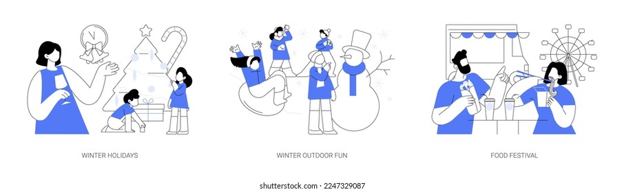 Family time outdoors abstract concept vector illustration set. Winter holidays, outdoor fun, food festival, Christmas eve, new year celebration, building a snowman, snowball fight abstract metaphor.